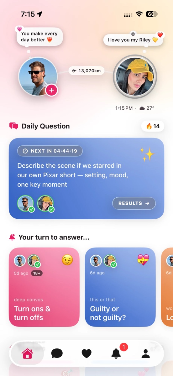 Amora home screen showing the daily question, couple status, and streak