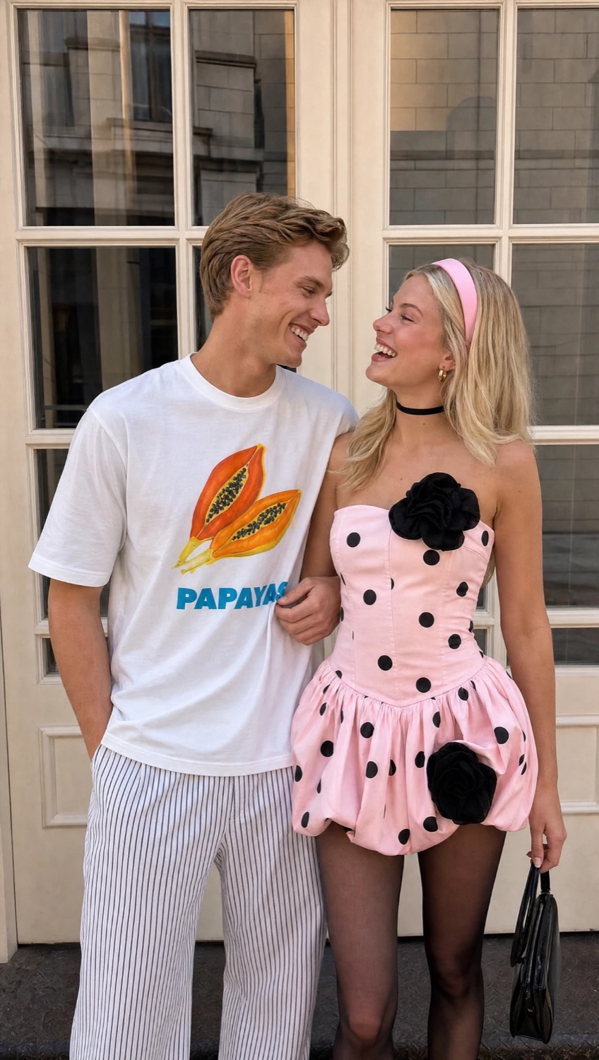 A happy couple laughing together outside
