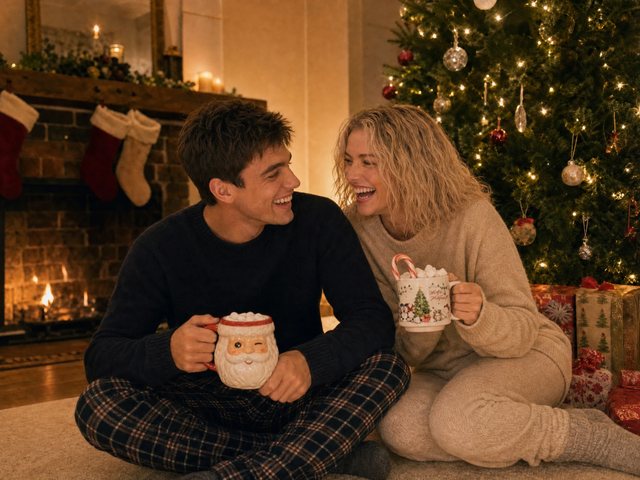 A couple by the Christmas tree with hot cocoa